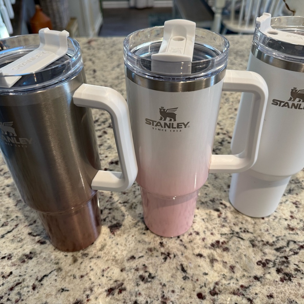 Stanley Trio of Insulated Tumblers in Silver, Pink, and White